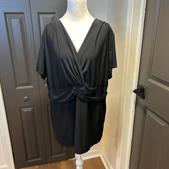 Motto XL Stretchy Black Criss Cross Deep V Cinched Waist Flowy Flutter Sleeve - Picture 2 of 4